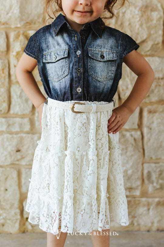 Girls Lucky & Blessed Denim & Lace Tiered Dress - DR715-G-DMLC