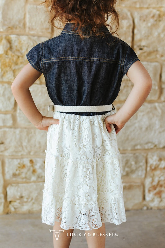 Girls Lucky & Blessed Denim & Lace Tiered Dress - DR715-G-DMLC