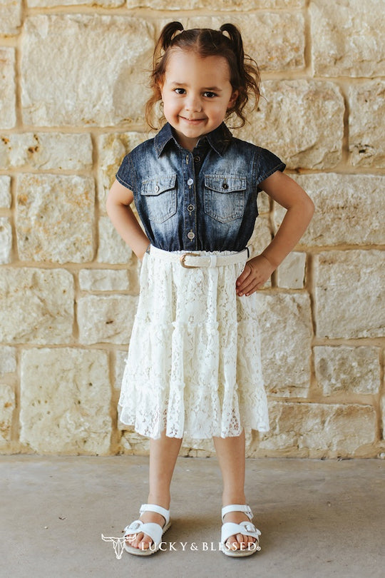 Girls Lucky & Blessed Denim & Lace Tiered Dress - DR715-G-DMLC