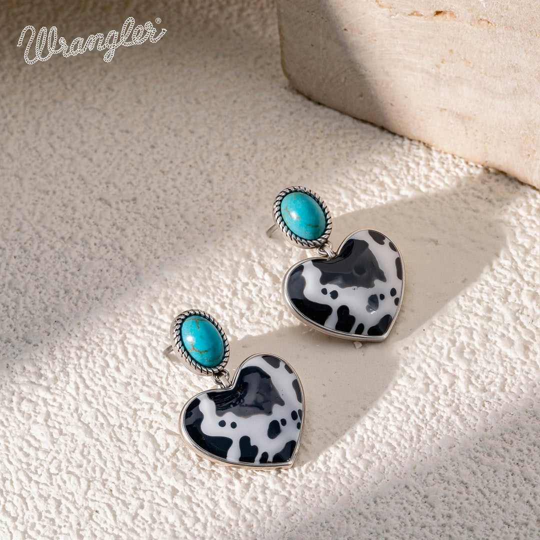 Wrangler Silver Cow Print Heart Shape Dangling Earrings - Turquoise