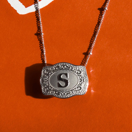 SpurWest Trading Co. Original Embossed Silver Initial Mini Belt Buckle Beaded Chain Necklace