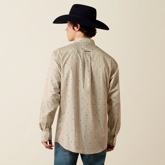Men's Ariat Wrinkle Free Sam Classic Fit Shirt - Oyster Grey Western Motif Print - 10080581