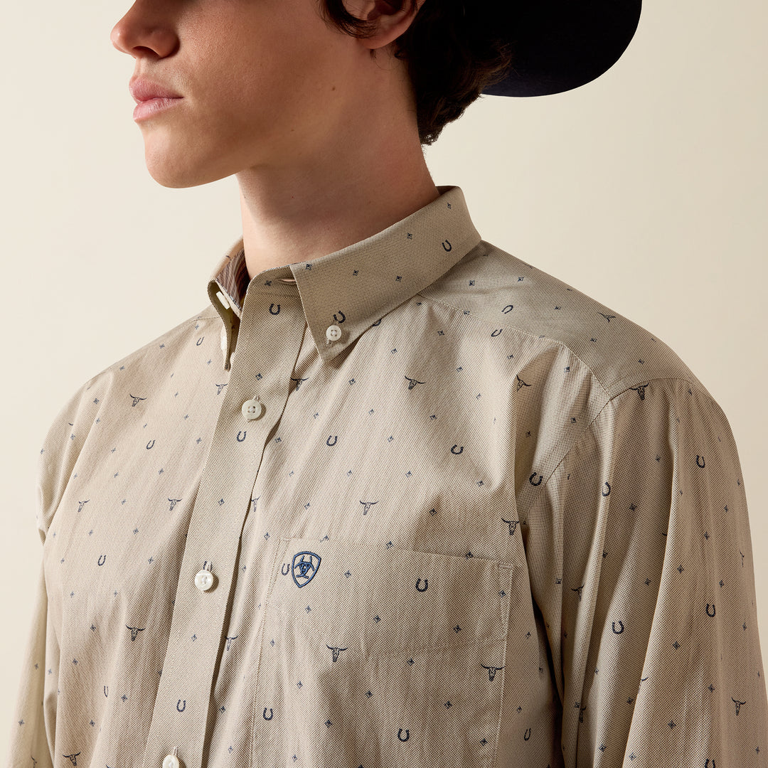Men's Ariat Wrinkle Free Sam Classic Fit Shirt - Oyster Grey Western Motif Print - 10080581