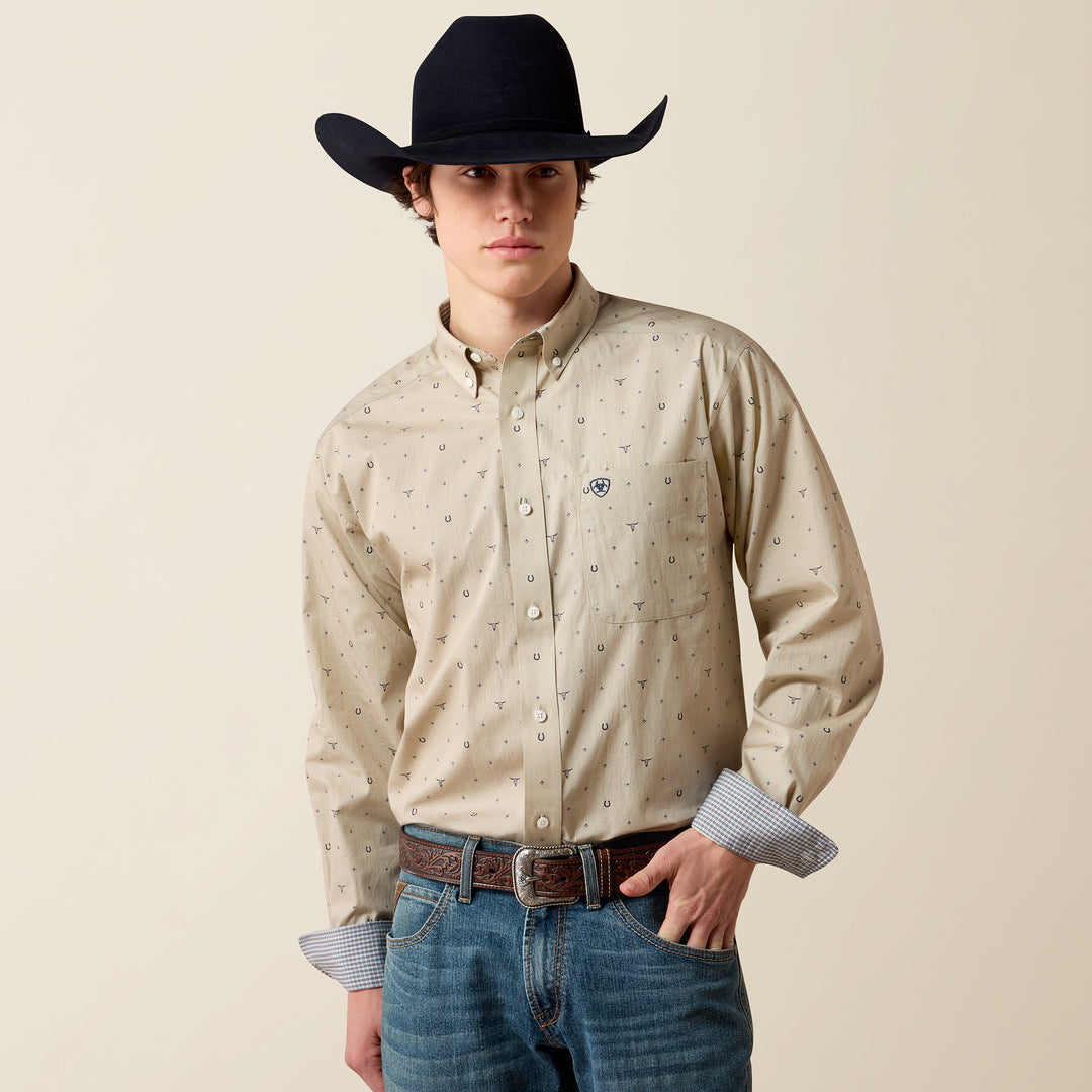 Men's Ariat Wrinkle Free Sam Classic Fit Shirt - Oyster Grey Western Motif Print - 10080581