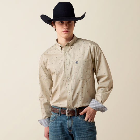 Men's Ariat Wrinkle Free Sam Classic Fit Shirt - Oyster Grey Western Motif Print - 10080581