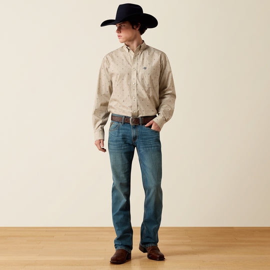 Men's Ariat Wrinkle Free Sam Classic Fit Shirt - Oyster Grey Western Motif Print - 10080581