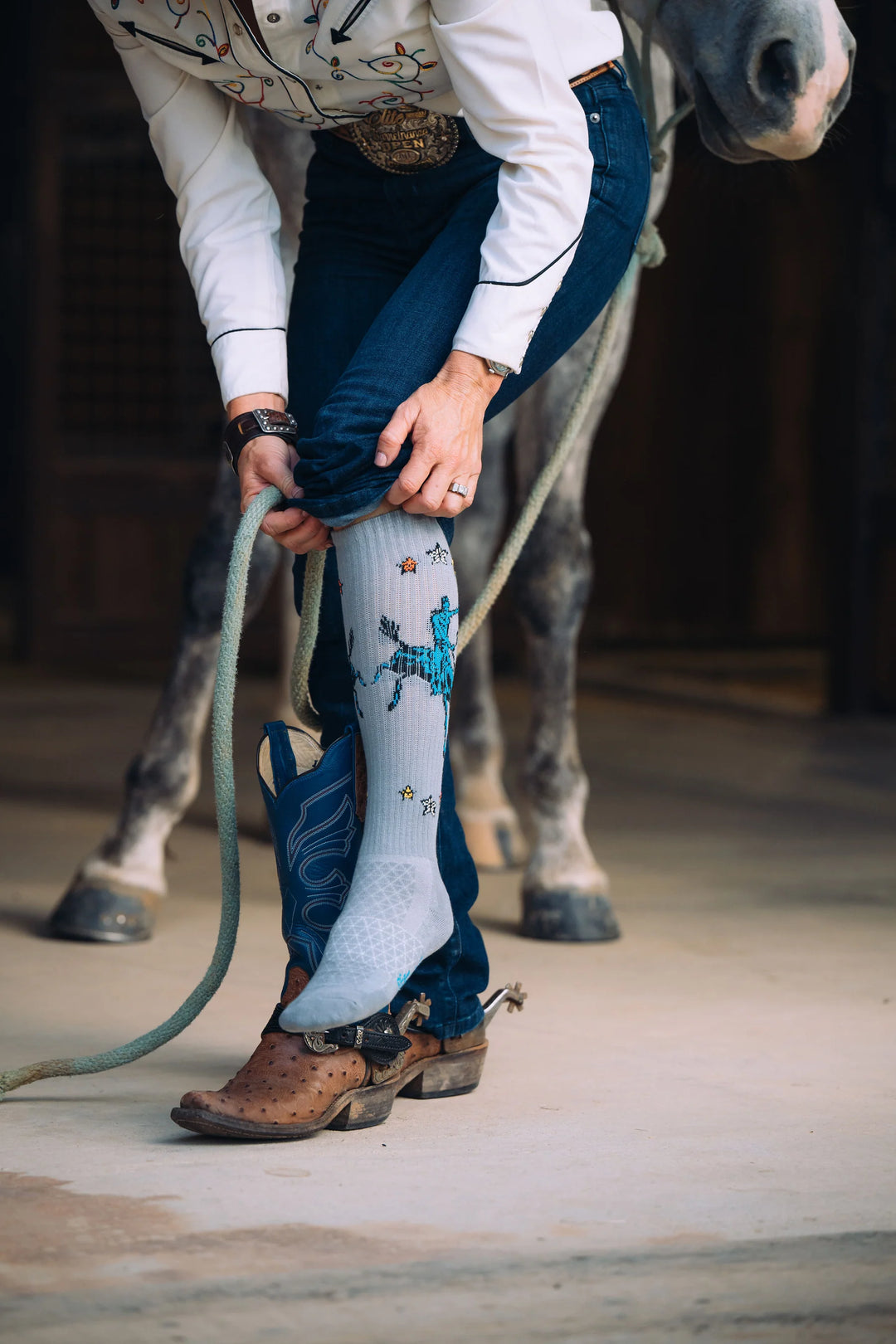 Lucky Chuck Fringe Long Live Grey Western Cowboy Performance Socks - 12114