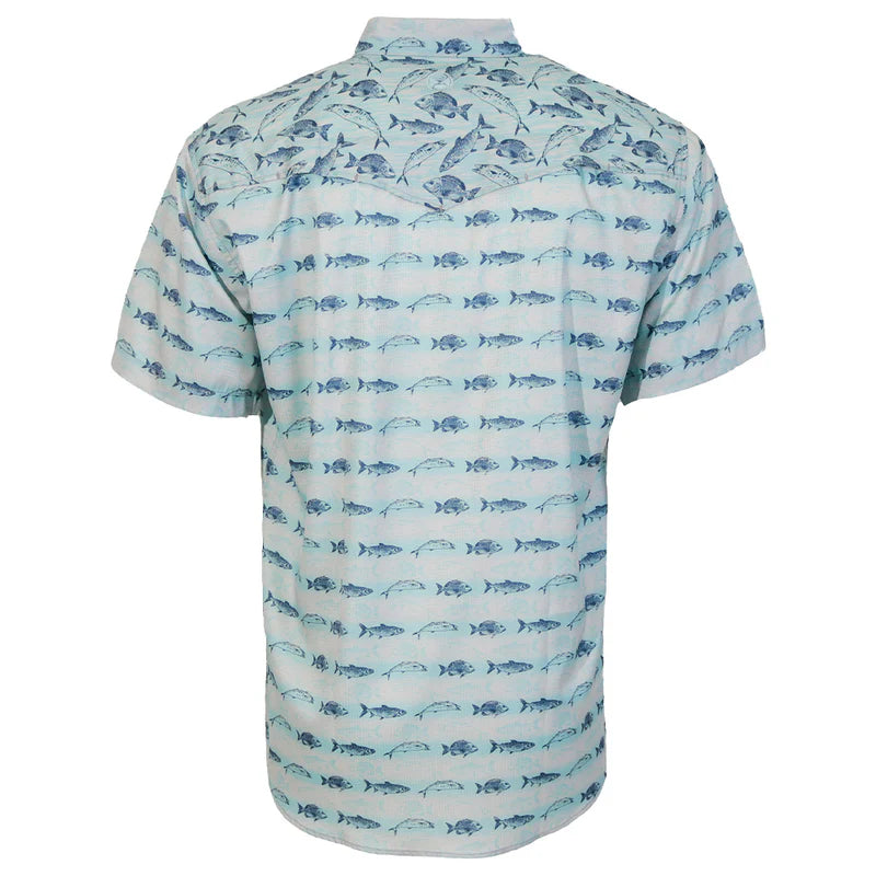 Men's Hooey "Sol" Short Sleeve Pearl Snap Snapper Fish Pattern Shirt - HT2621LTBL
