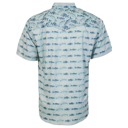 Men's Hooey "Sol" Short Sleeve Pearl Snap Snapper Fish Pattern Shirt - HT2621LTBL