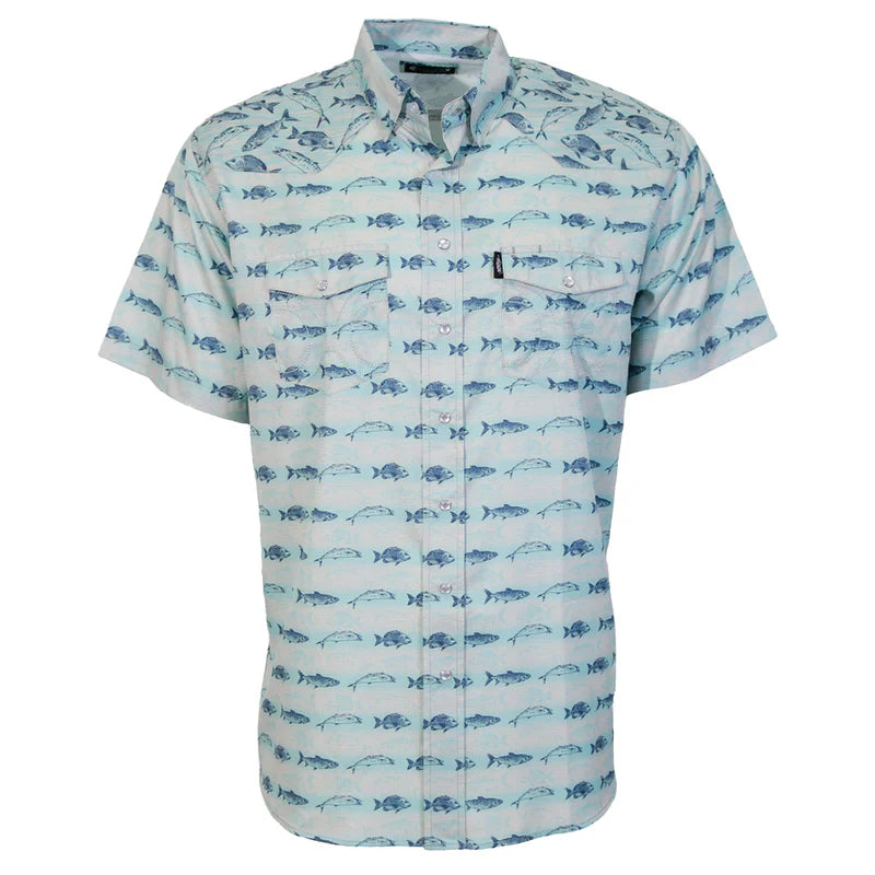Men's Hooey "Sol" Short Sleeve Pearl Snap Snapper Fish Pattern Shirt - HT2621LTBL
