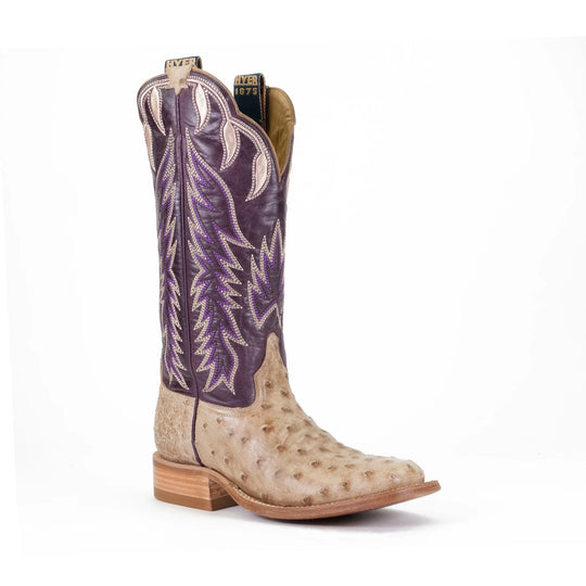 Women's HYER Harper Tan Full Quill Waxy Ostrich with 13" Eggplant Vinatge Goat Tops - HW41007