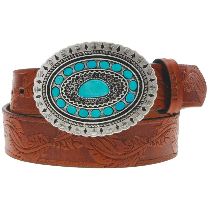 Ladies Hooey "Sioux" Belt Natural/Brown with Turquoise Rodeo Buckle - HWBLT001