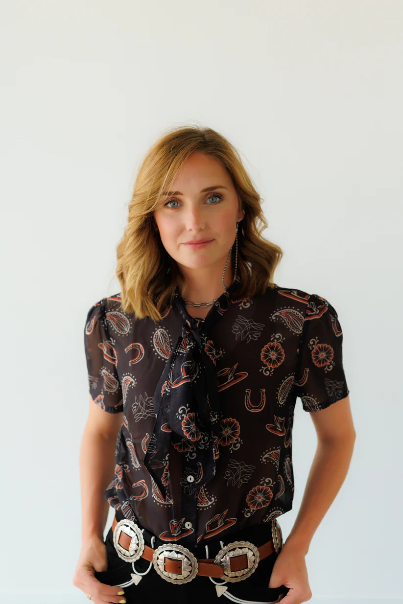 Ladies Howdy Hanny Tie Top Black Feather Short Sleeve - HH2711