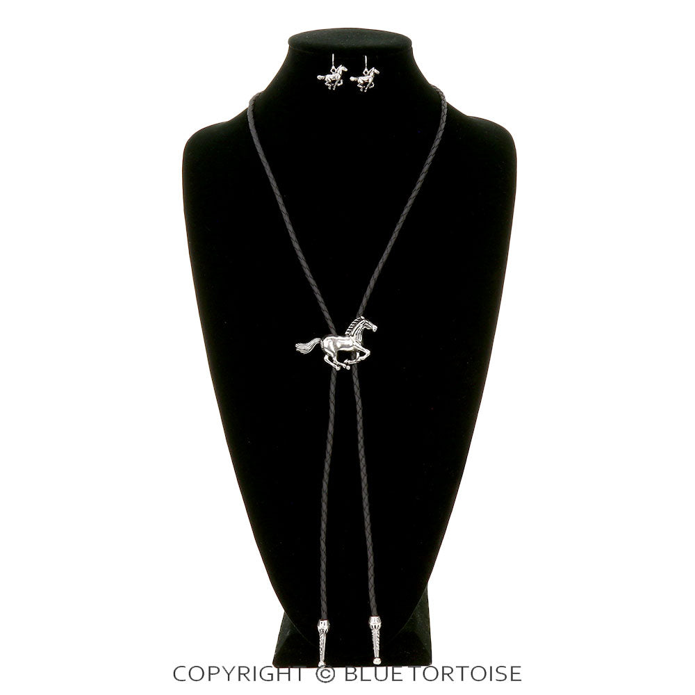 Blue Tortoise Western Horse Bolo Necklace Set - TNE2766