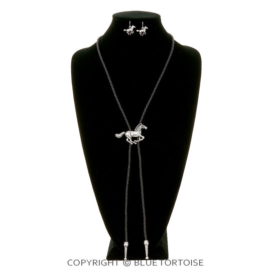 Blue Tortoise Western Horse Bolo Necklace Set - TNE2766
