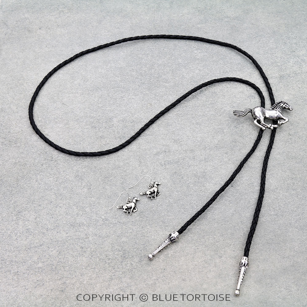 Blue Tortoise Western Horse Bolo Necklace Set - TNE2766