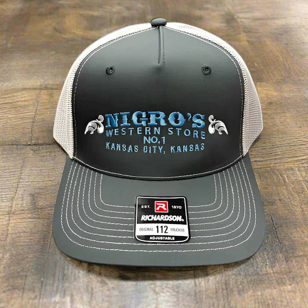 Nigro's Richardson 112FPC Split Charcoal/Ice with Light Blue/White Scrolls Logo - NBC 18
