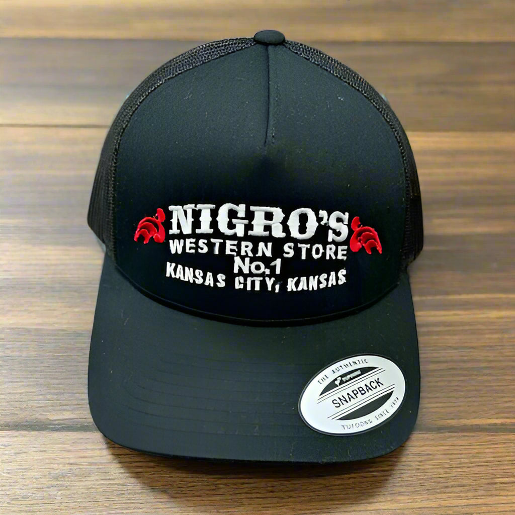 Nigro's Yupoong Classic Solid Black Red/White Scrolls Logo - NBC 33