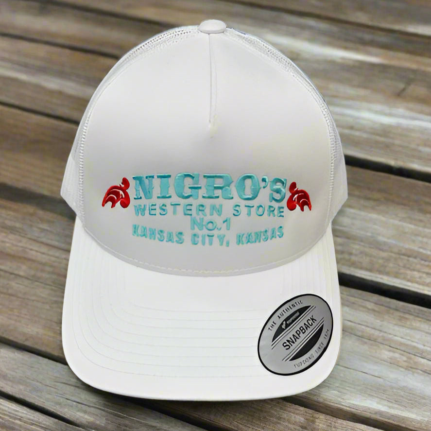 Nigro's Yupoong Classic White with Teal/Red Scroll Snapback - NBC 28