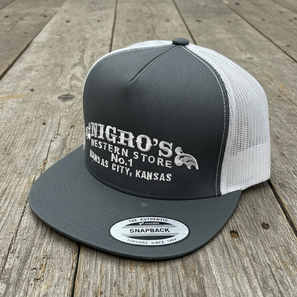 Nigro's Yupoong Classic Trucker 5 Panel Grey/White Scrolls - NBC 37