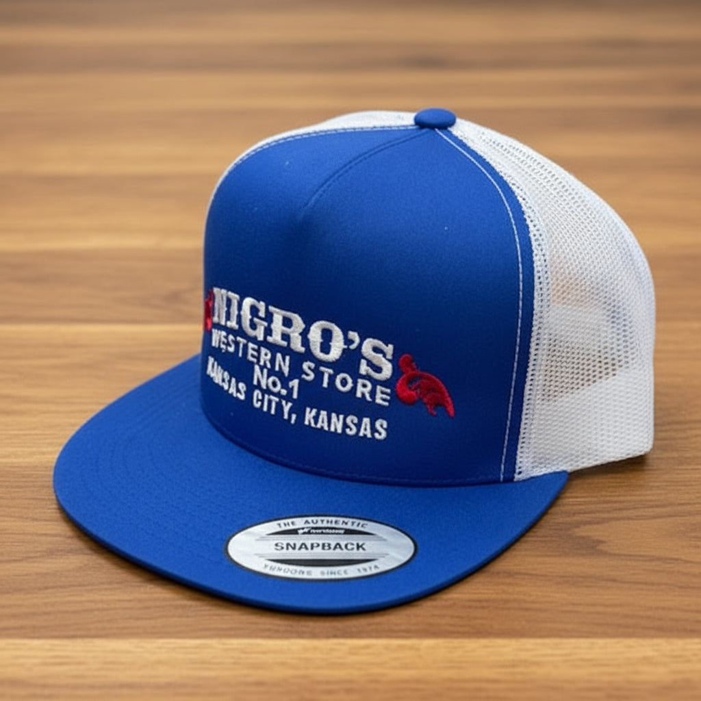 Nigro's Yupoong Classic Trucker 5 Panel Blue/White Red Scrolls - NBC 38