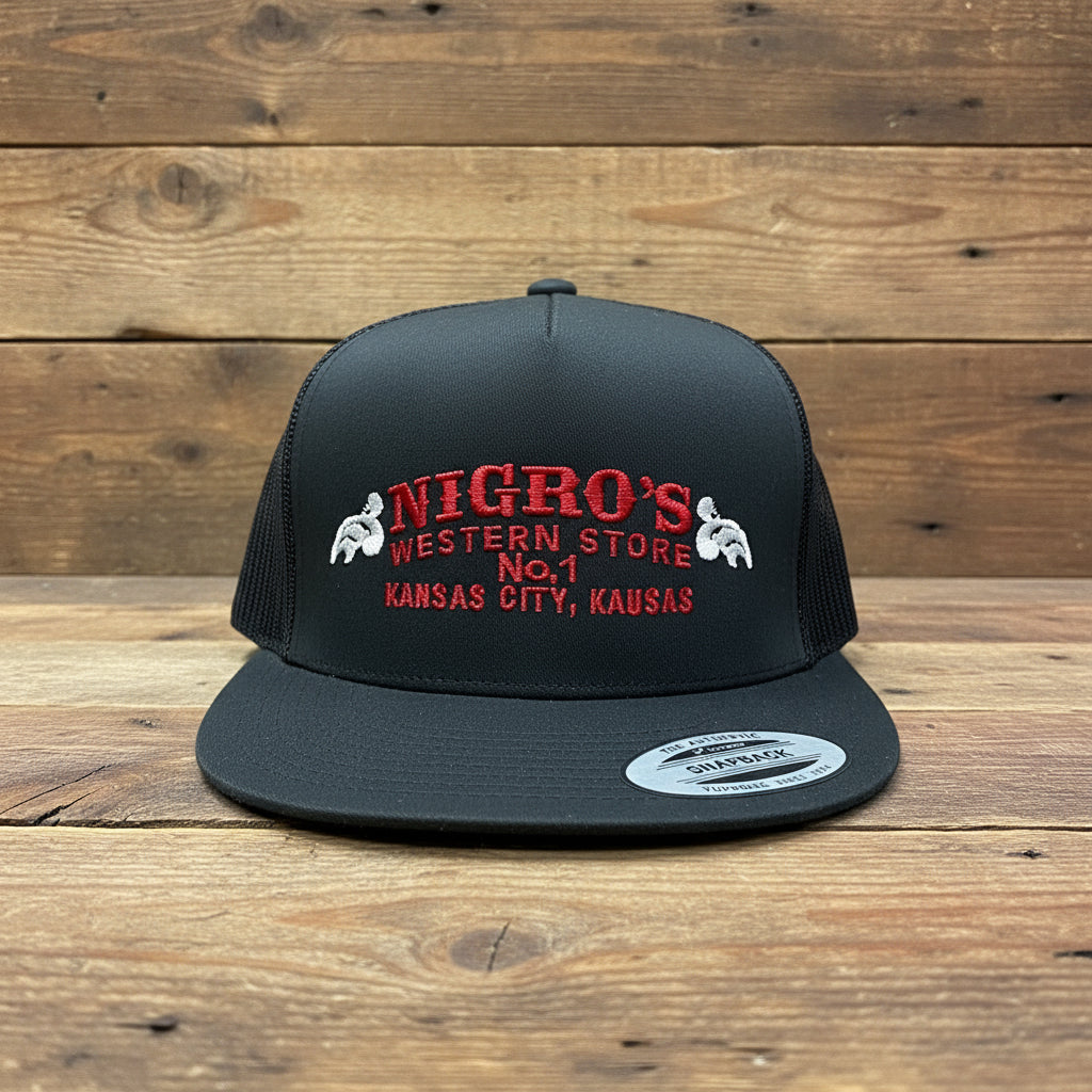 Nigro's Yupoong Classic Trucker 5 Panel Solid Grey/Red Scrolls - NBC 39