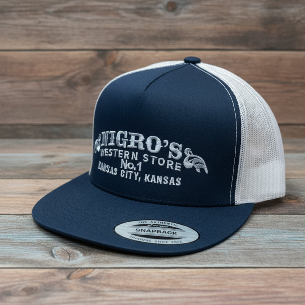 Nigro's Yupoong Classic Trucker 5 Panel Navy/White Light Blue Scrolls - NBC 40