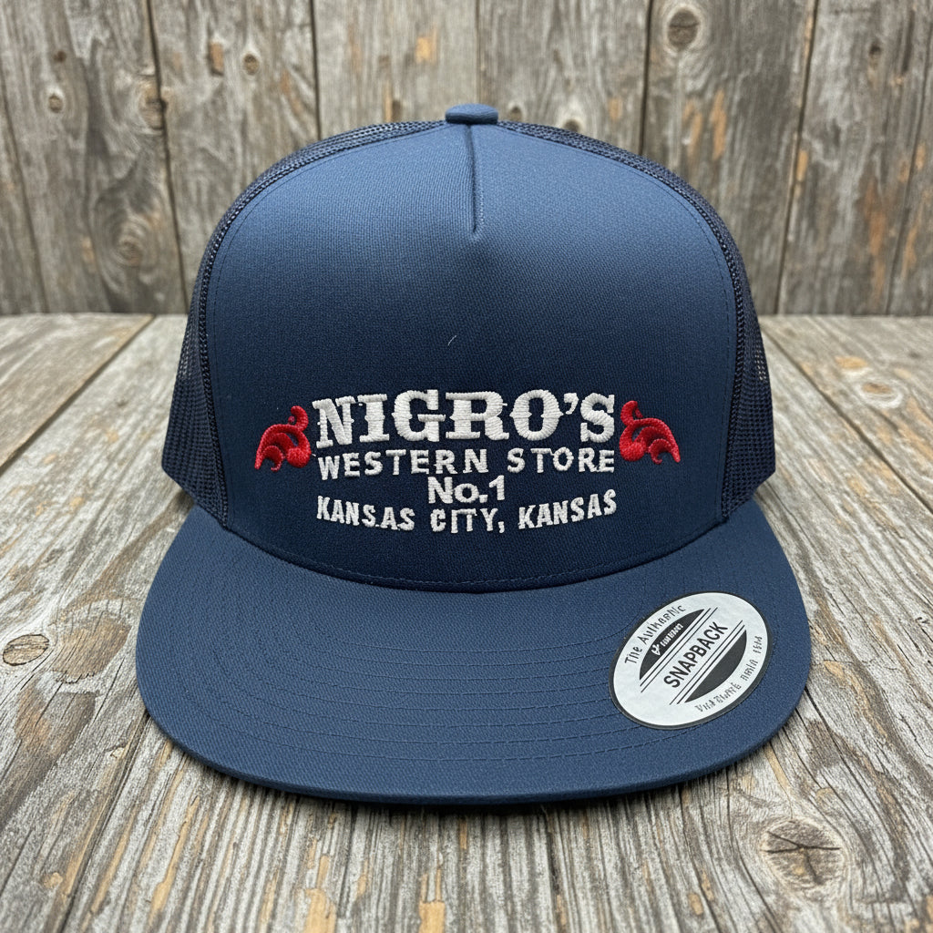 Nigro's Yupoong Classic Trucker 5 Panel Solid Navy/White Red Scrolls - NBC 41