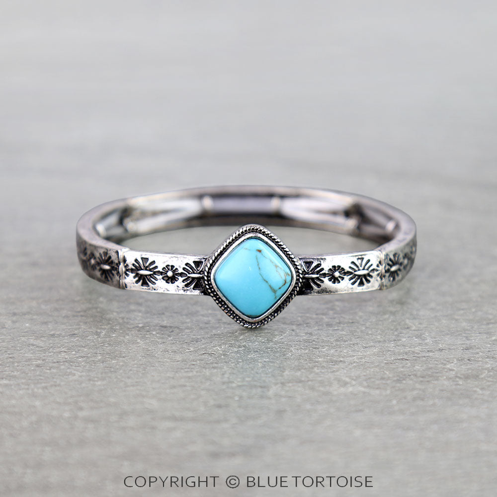 Blue Tortoise Western Flower Etched Stone Stretch Bracelet - KHB0109