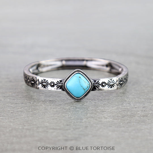 Blue Tortoise Western Flower Etched Stone Stretch Bracelet - KHB0109