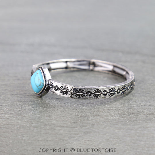 Blue Tortoise Western Flower Etched Stone Stretch Bracelet - KHB0109