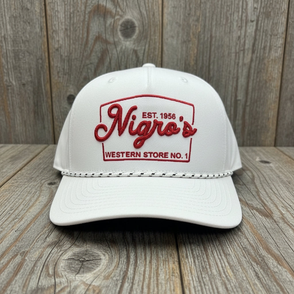 Nigro's Richardson 355 "Nigro's" Red Embroidery Solid White Cap White Rope - NBC 13