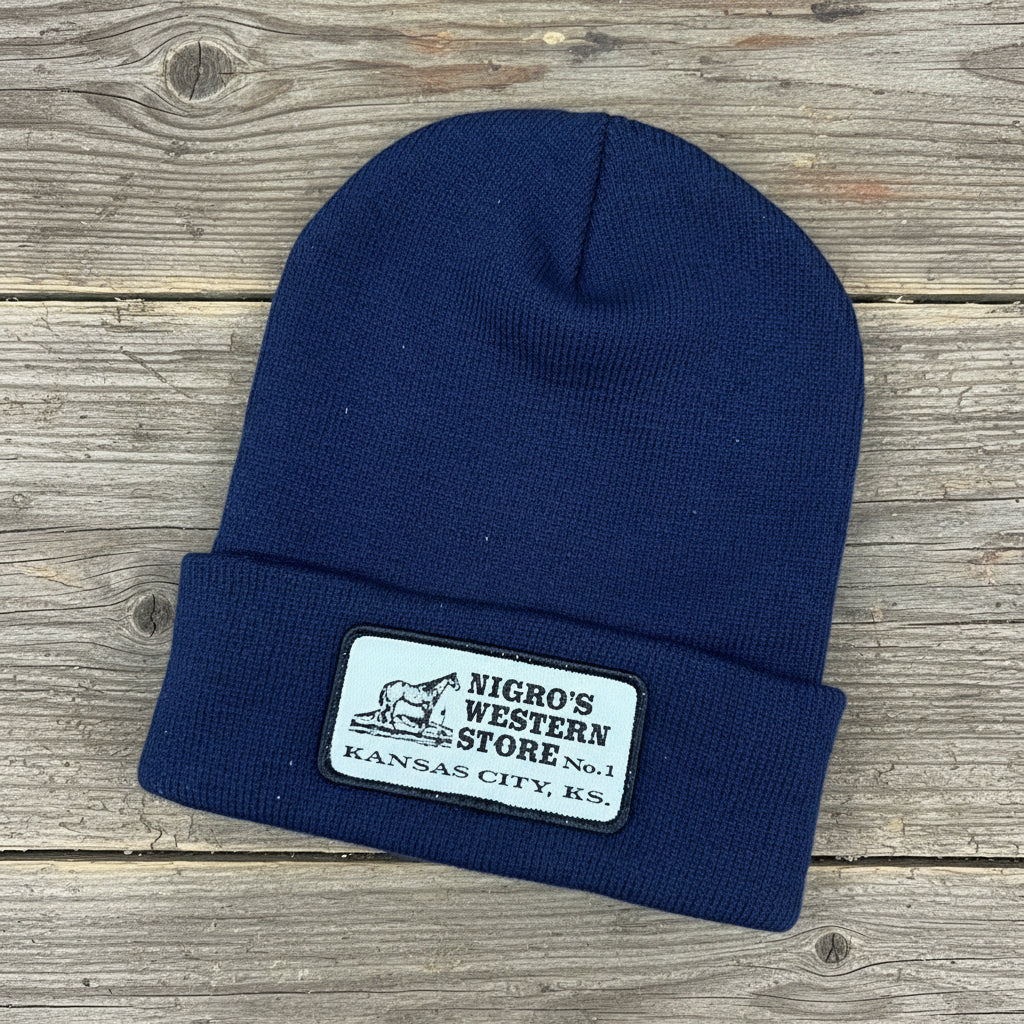 Nigro's Logo Woven Patch Solid Navy Beanie