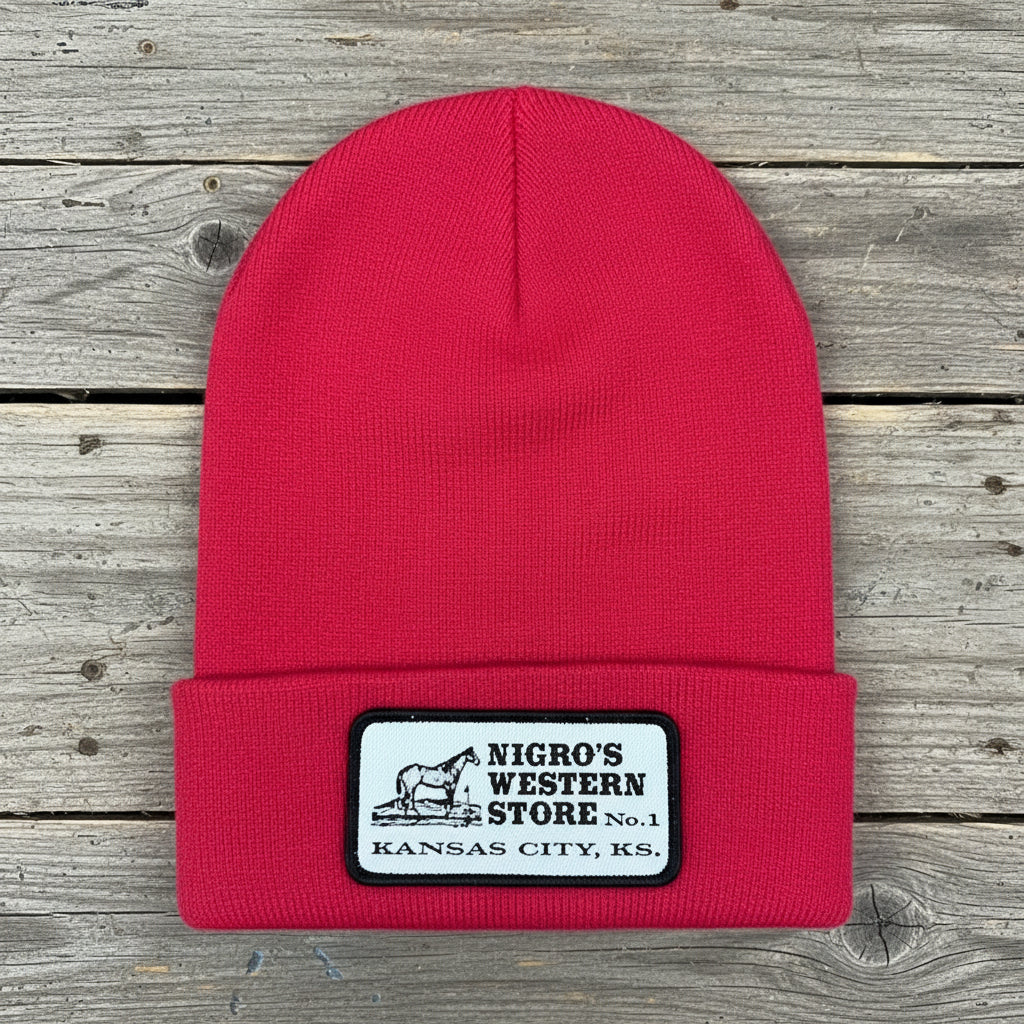 Nigro's Logo Woven Patch Solid Red Beanie