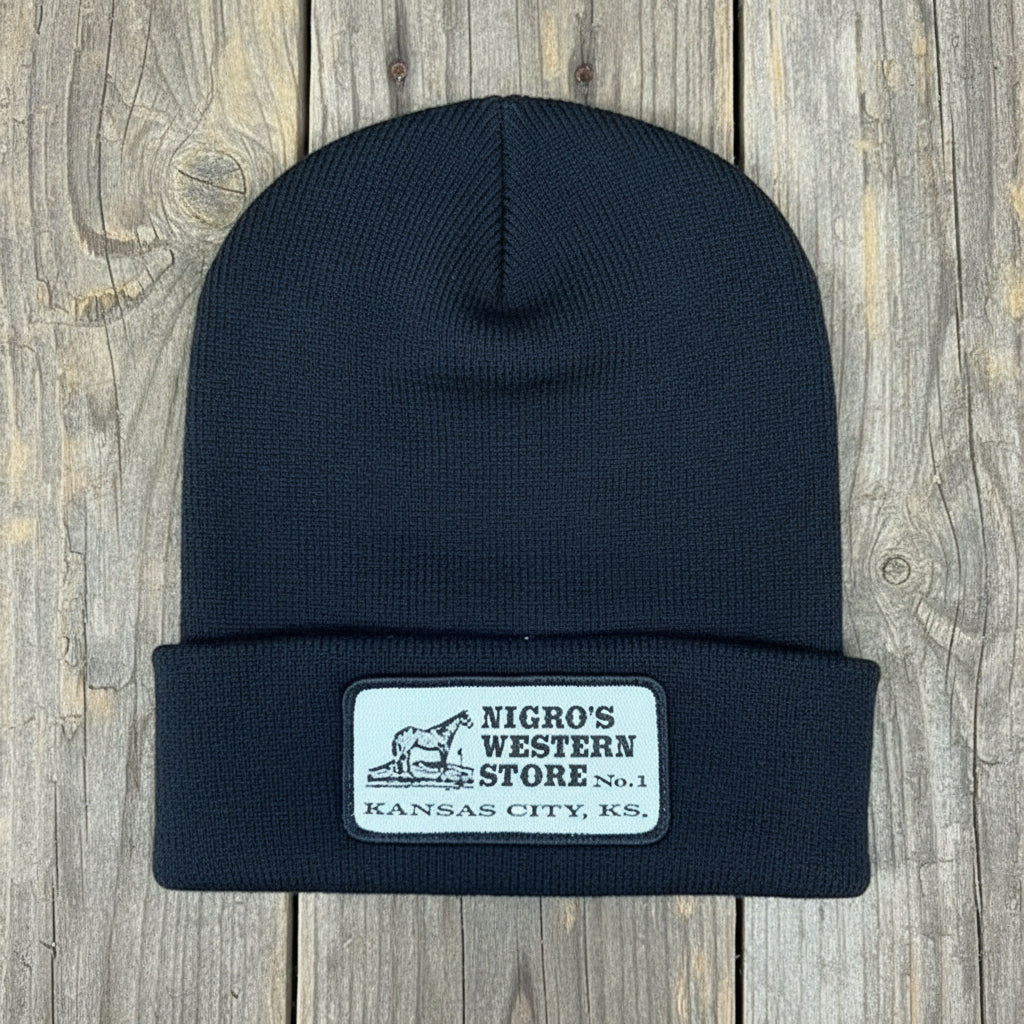 Nigro's Logo Woven Patch Solid Black Beanie