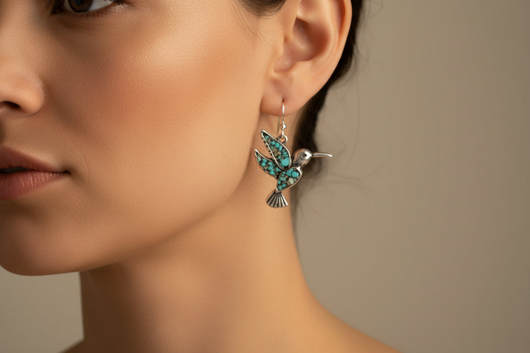 Blue Tortoise Western Hummingbird Chip Stone Dangle Earrings - AE8828