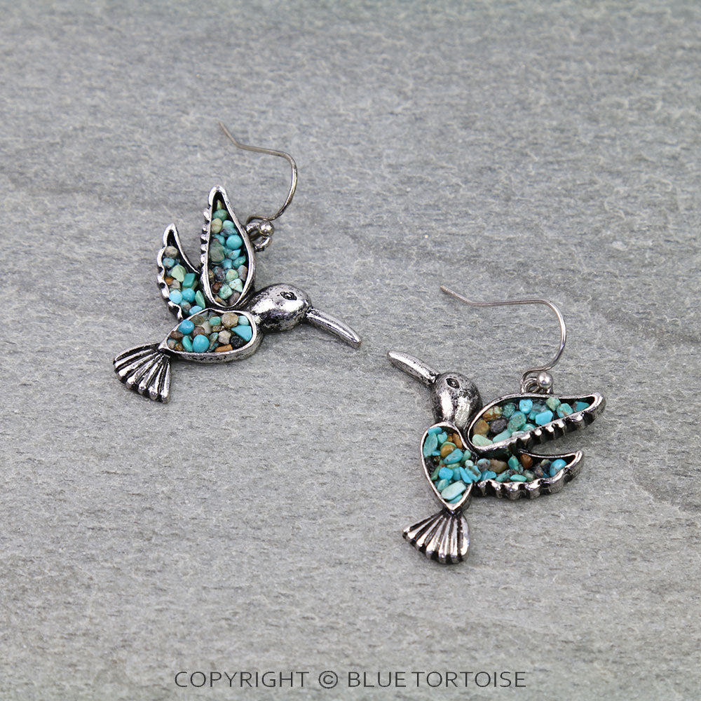 Blue Tortoise Western Hummingbird Chip Stone Dangle Earrings - AE8828
