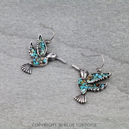 Blue Tortoise Western Hummingbird Chip Stone Dangle Earrings - AE8828