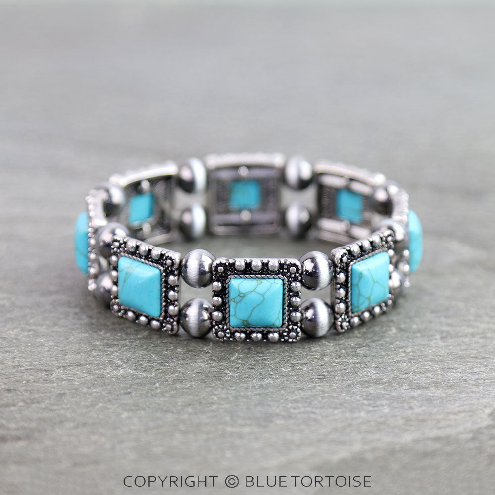 Blue Tortoise Western Square Stone Stretch Bracelet - SB2132