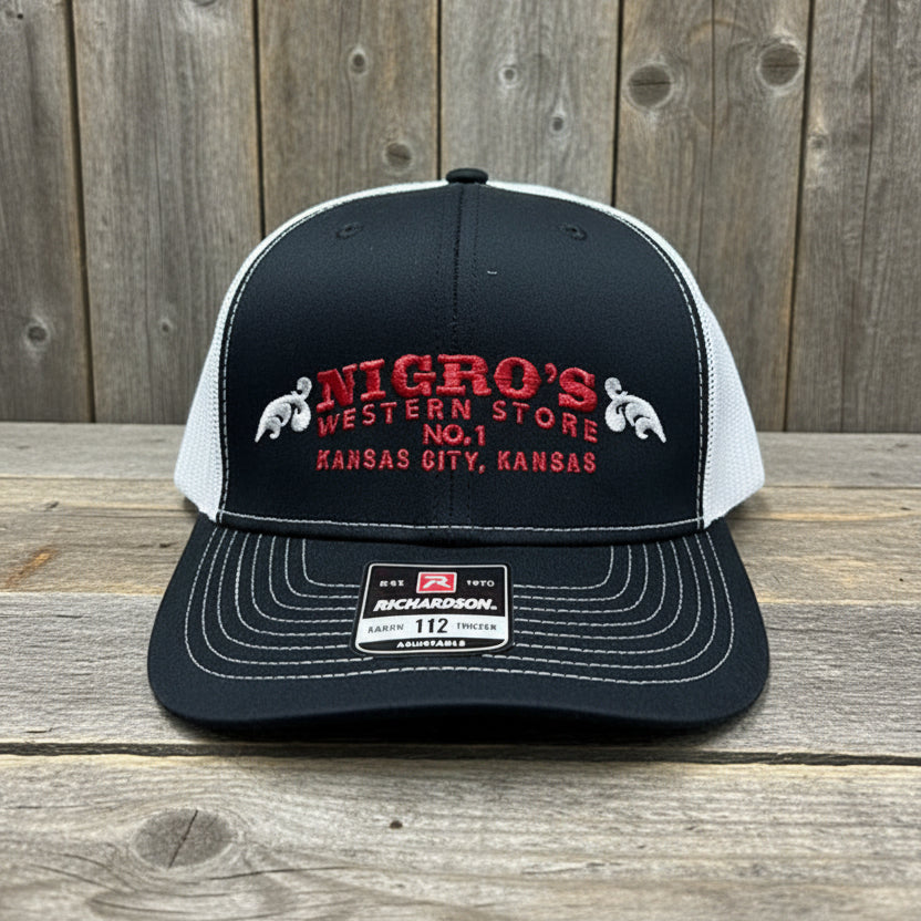 Nigro's 6 Panel Richardson 112 Black/White Red Scrolls Snapback - NBC 10