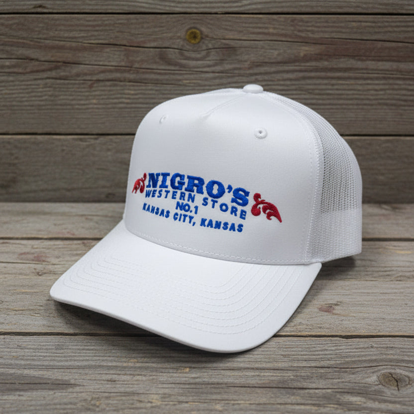 Nigro's Richardson 112 Solid White Red/Blue Scrolls Logo - NBC 19