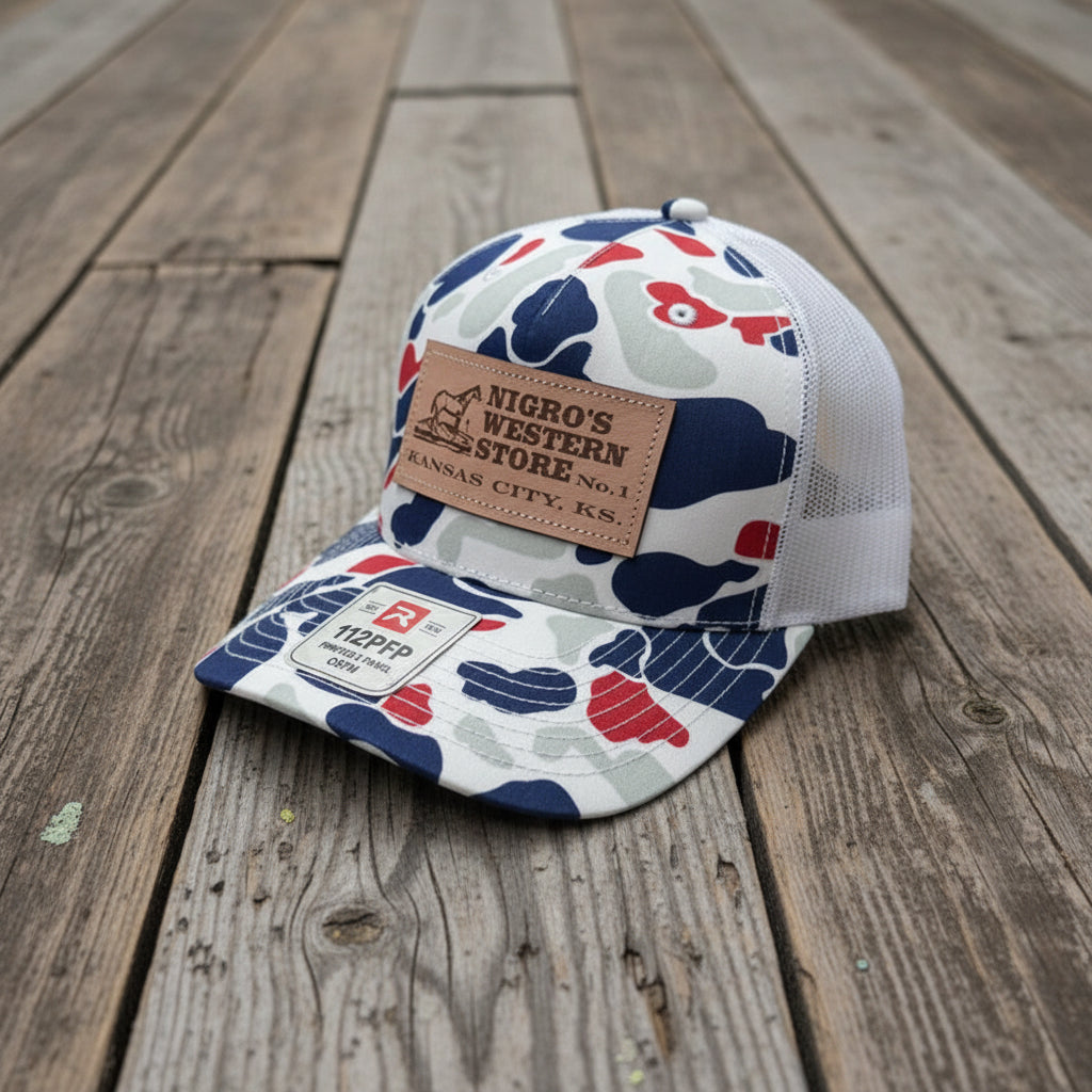 Nigro's Richardson 112 Five Panel Americana Duck Camo Leather Patch - NBC 43