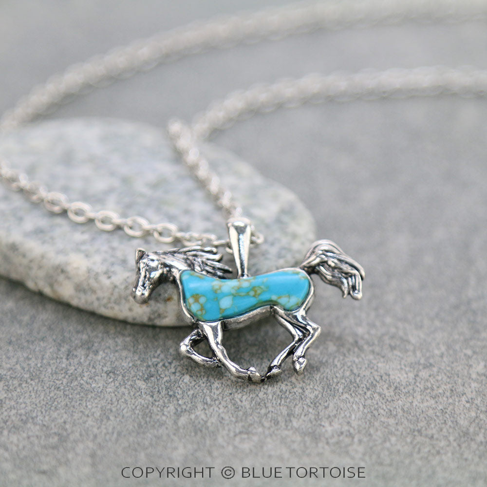 Blue Tortoise Western Running Horse Stone Necklace - AN2790