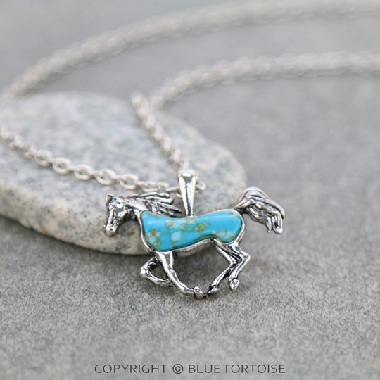 Blue Tortoise Western Running Horse Stone Necklace - AN2790