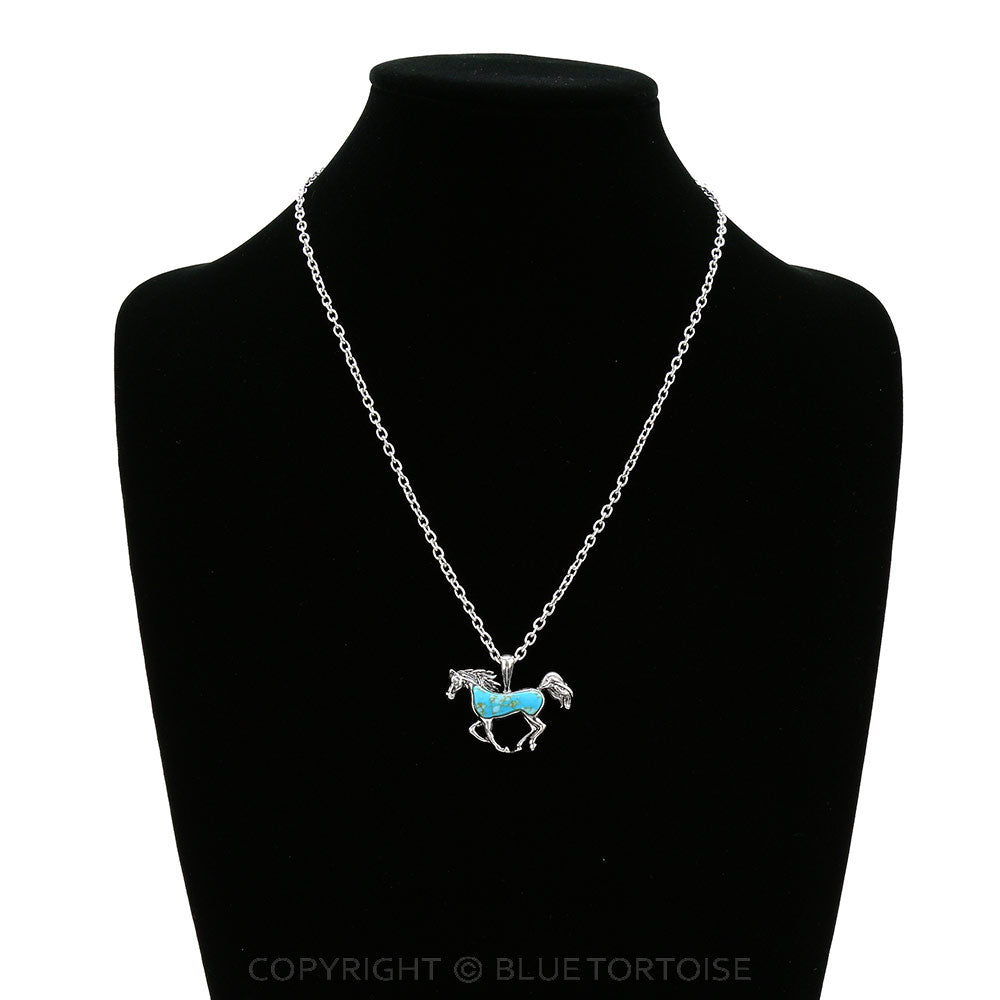 Blue Tortoise Western Running Horse Stone Necklace - AN2790