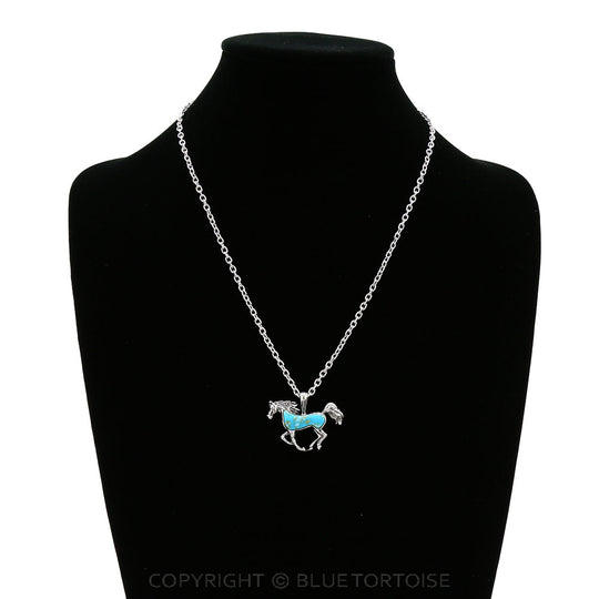 Blue Tortoise Western Running Horse Stone Necklace - AN2790