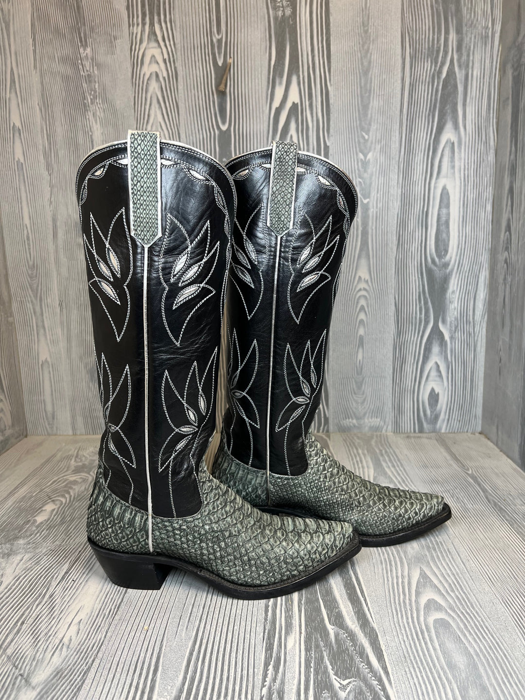 Ladies Rios of Mercedes Grey Rustic Python with 15" Black Kidskin Tops - Style # 6L