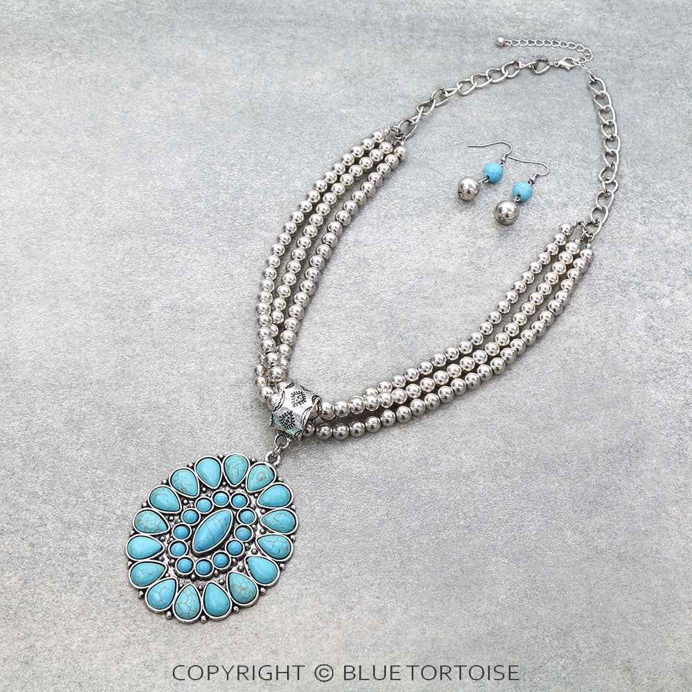 Blue Tortoise Western Concho Pendant Layered Necklace Set - SJNE1916