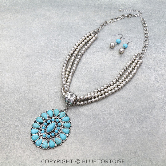 Blue Tortoise Western Concho Pendant Layered Necklace Set - SJNE1916
