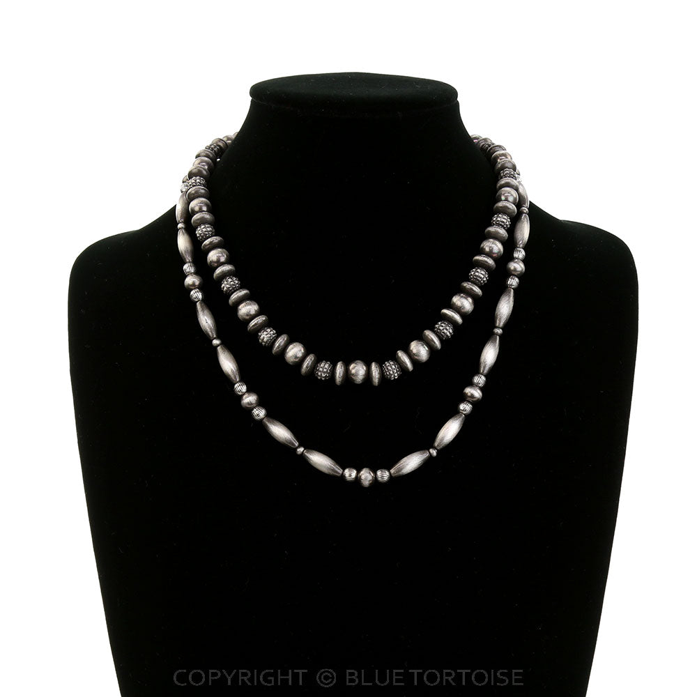 Blue Tortoise 2 Layered Bumpy Navajo Style Pearl Necklace - JN1784